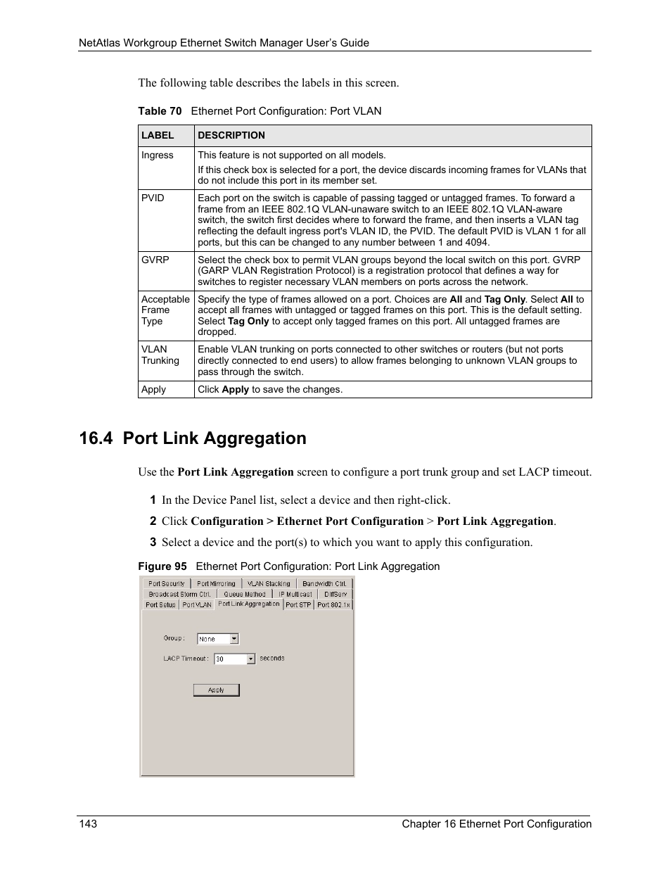 4 port link aggregation, Table 70 ethernet port configuration: port vlan | ZyXEL Communications NetAtlas Workgroup User Manual | Page 143 / 199