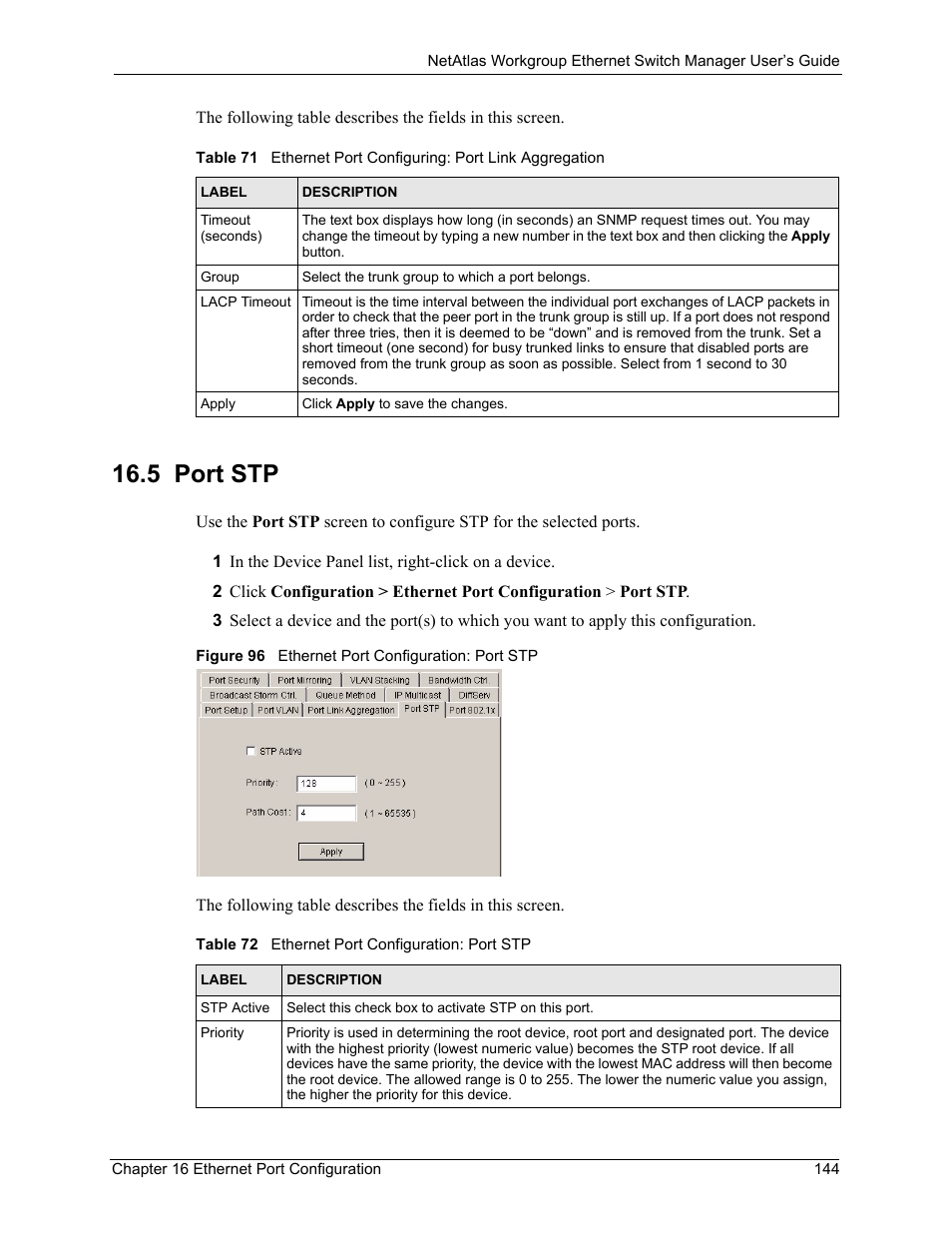 5 port stp, Figure 96 ethernet port configuration: port stp | ZyXEL Communications NetAtlas Workgroup User Manual | Page 144 / 199