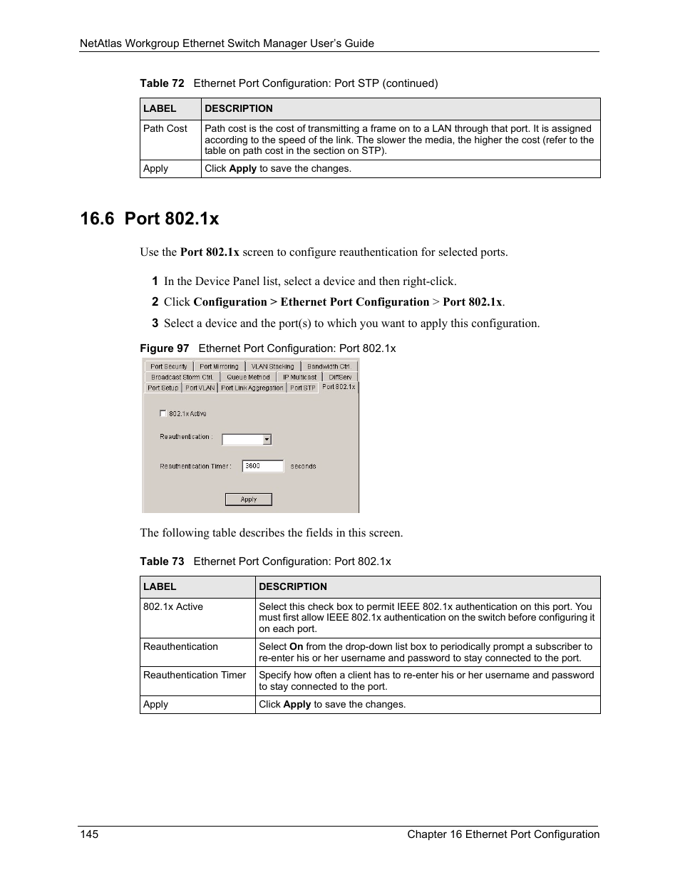6 port 802.1x, Figure 97 ethernet port configuration: port 802.1x, Table 73 ethernet port configuration: port 802.1x | ZyXEL Communications NetAtlas Workgroup User Manual | Page 145 / 199