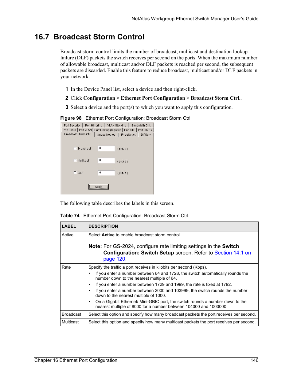 7 broadcast storm control | ZyXEL Communications NetAtlas Workgroup User Manual | Page 146 / 199
