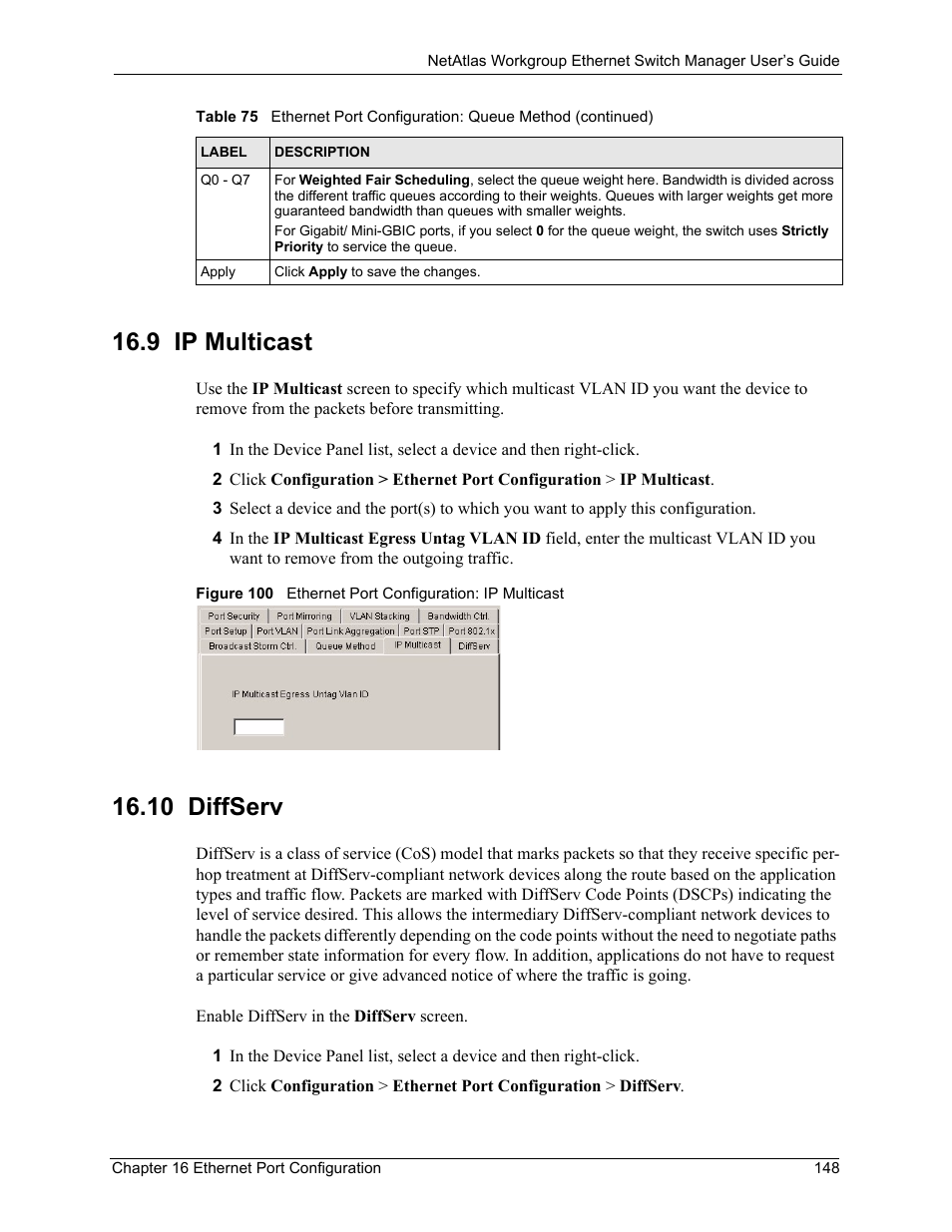 9 ip multicast, 10 diffserv, 9 ip multicast 16.10 diffserv | ZyXEL Communications NetAtlas Workgroup User Manual | Page 148 / 199