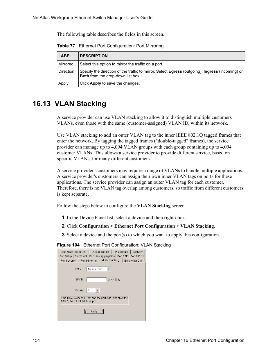 13 vlan stacking | ZyXEL Communications NetAtlas Workgroup User Manual | Page 151 / 199
