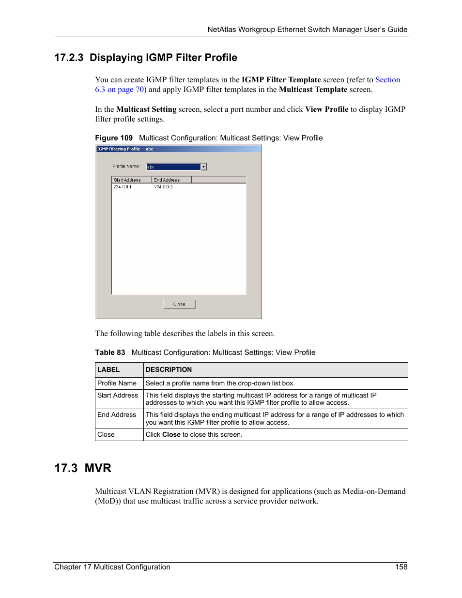 3 displaying igmp filter profile, 3 mvr | ZyXEL Communications NetAtlas Workgroup User Manual | Page 158 / 199