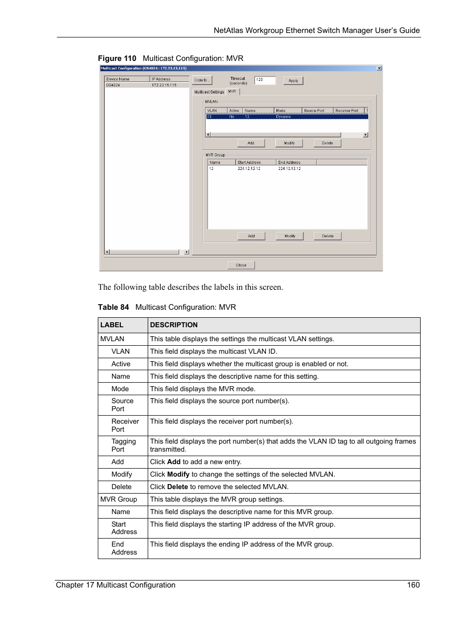 Figure 110 multicast configuration: mvr, Table 84 multicast configuration: mvr | ZyXEL Communications NetAtlas Workgroup User Manual | Page 160 / 199