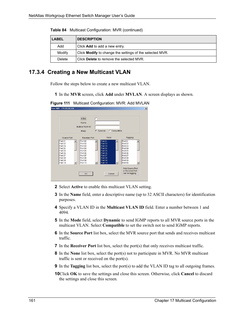 4 creating a new multicast vlan, Figure 111 multicast configuration: mvr: add mvlan | ZyXEL Communications NetAtlas Workgroup User Manual | Page 161 / 199