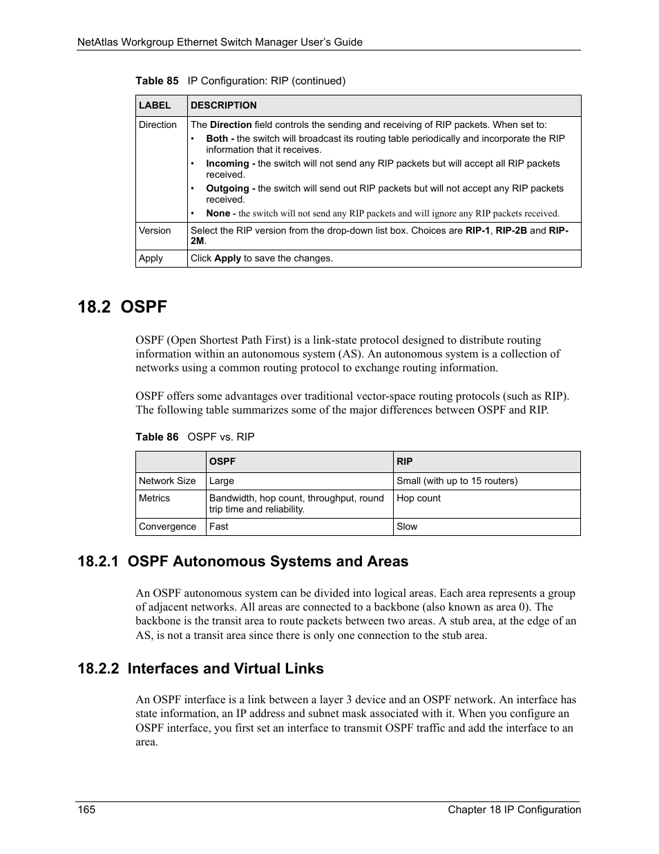 2 ospf, 1 ospf autonomous systems and areas, 2 interfaces and virtual links | Table 86 ospf vs. rip | ZyXEL Communications NetAtlas Workgroup User Manual | Page 165 / 199