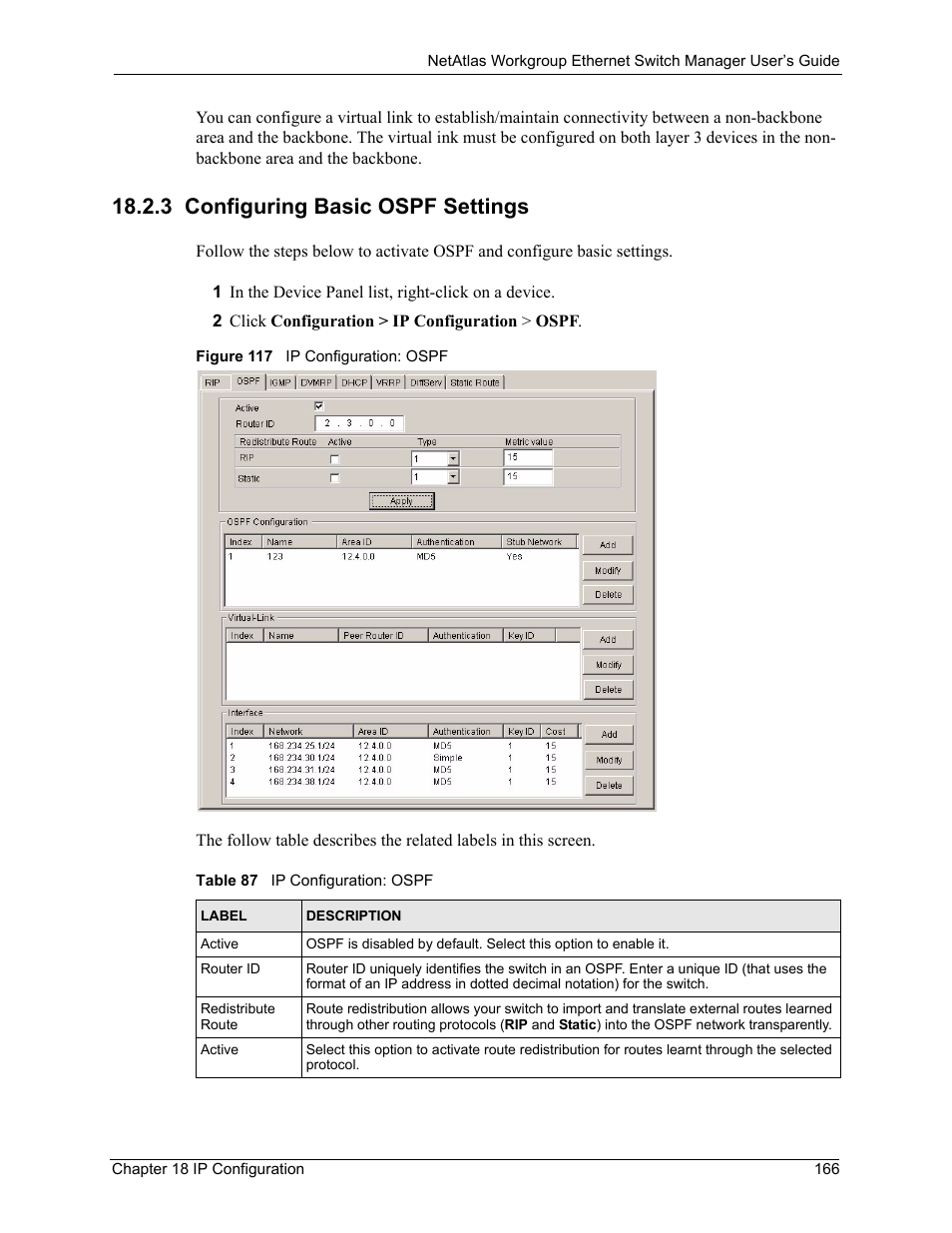 3 configuring basic ospf settings, Figure 117 ip configuration: ospf, Table 87 ip configuration: ospf | ZyXEL Communications NetAtlas Workgroup User Manual | Page 166 / 199