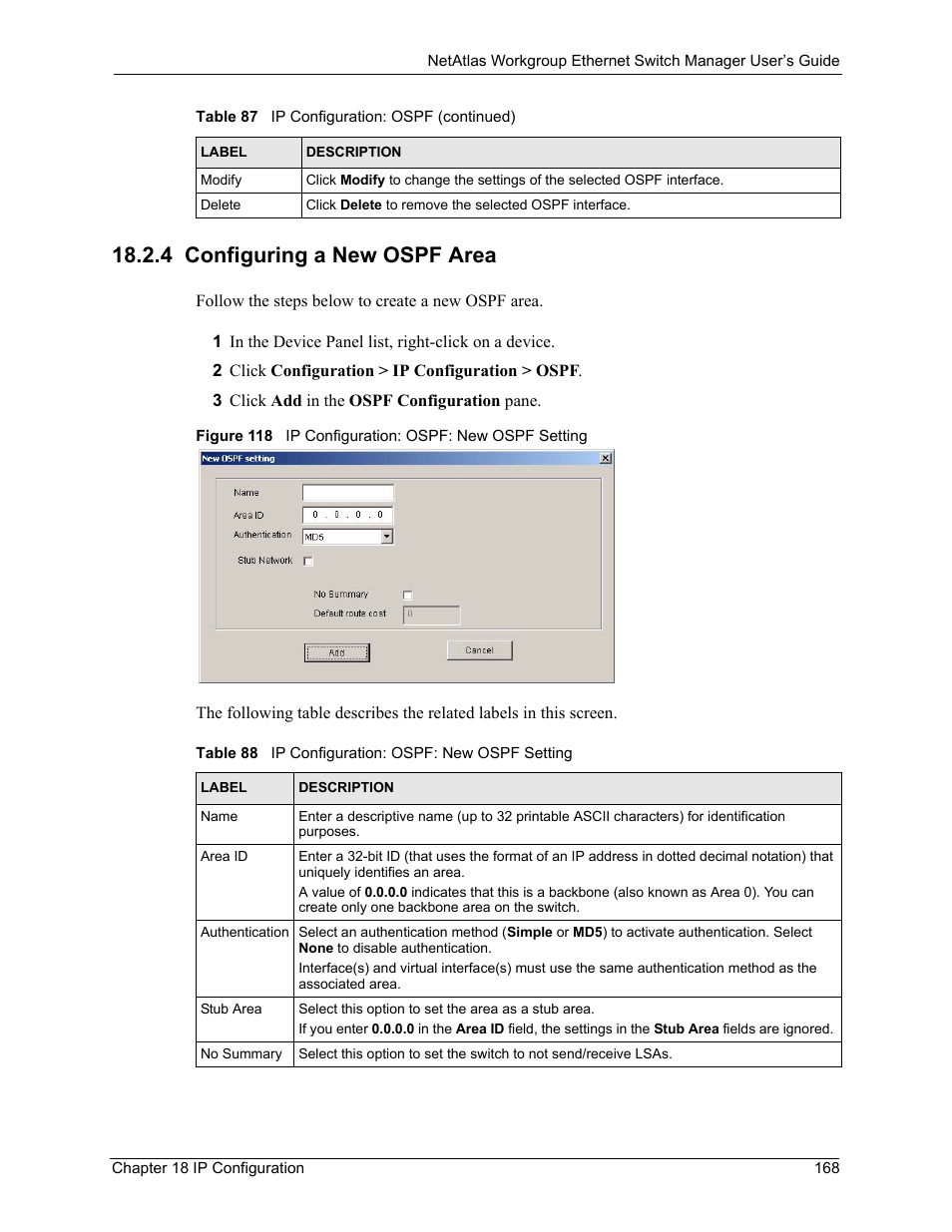 4 configuring a new ospf area, Table 88 ip configuration: ospf: new ospf setting | ZyXEL Communications NetAtlas Workgroup User Manual | Page 168 / 199