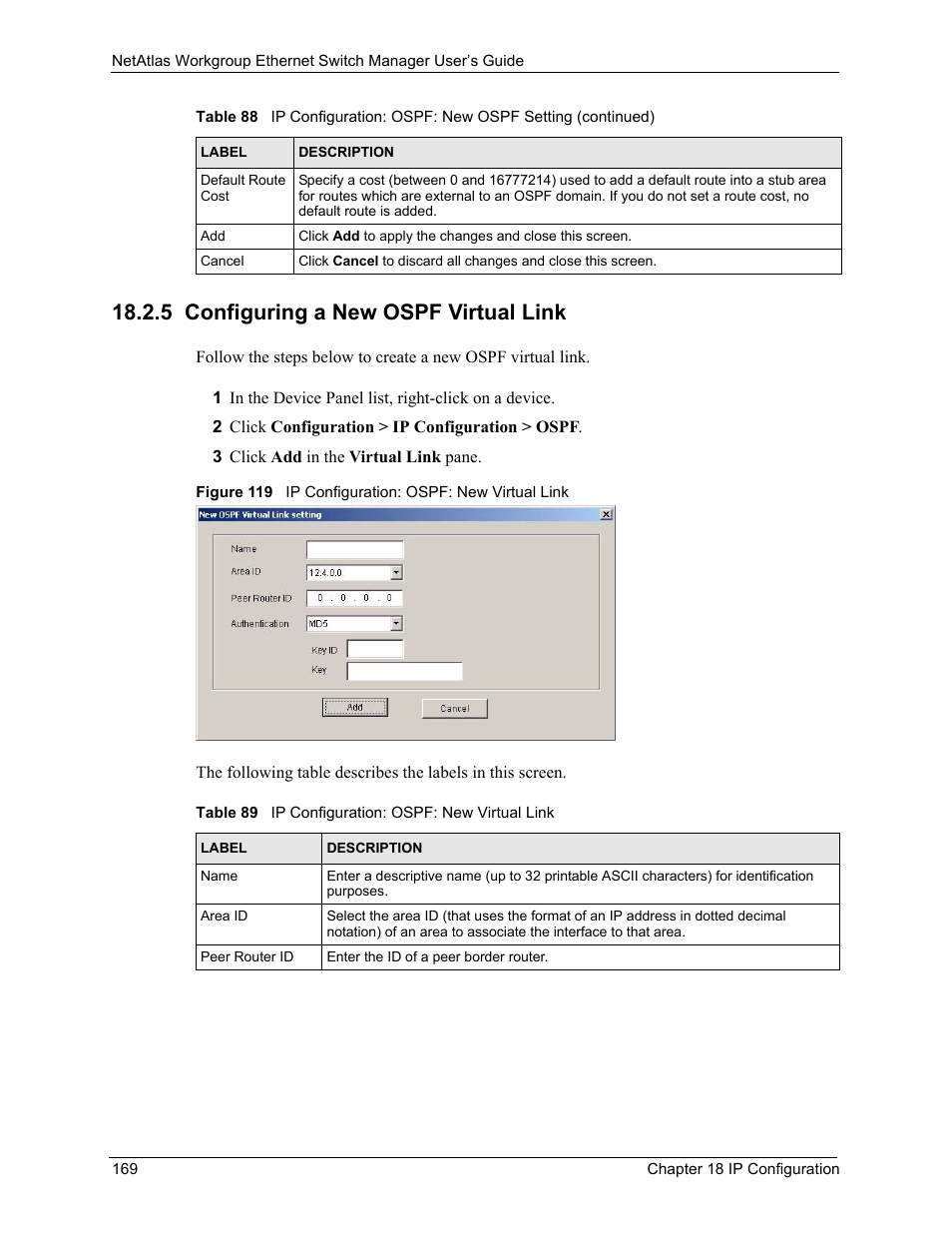 5 configuring a new ospf virtual link, Table 89 ip configuration: ospf: new virtual link | ZyXEL Communications NetAtlas Workgroup User Manual | Page 169 / 199