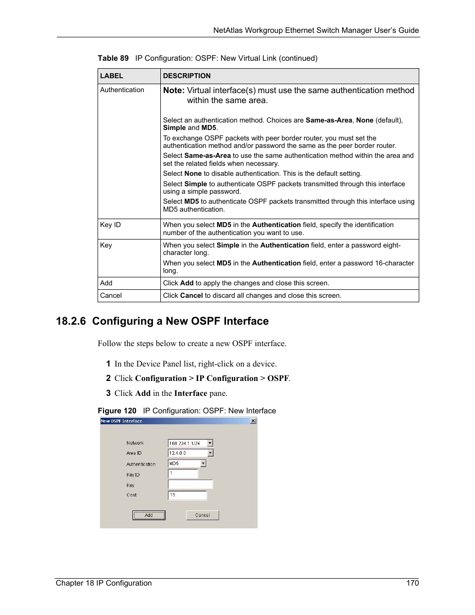 6 configuring a new ospf interface, Figure 120 ip configuration: ospf: new interface | ZyXEL Communications NetAtlas Workgroup User Manual | Page 170 / 199