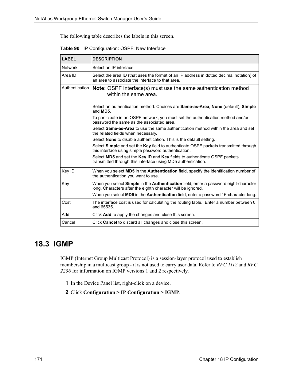 3 igmp, Table 90 ip configuration: ospf: new interface | ZyXEL Communications NetAtlas Workgroup User Manual | Page 171 / 199