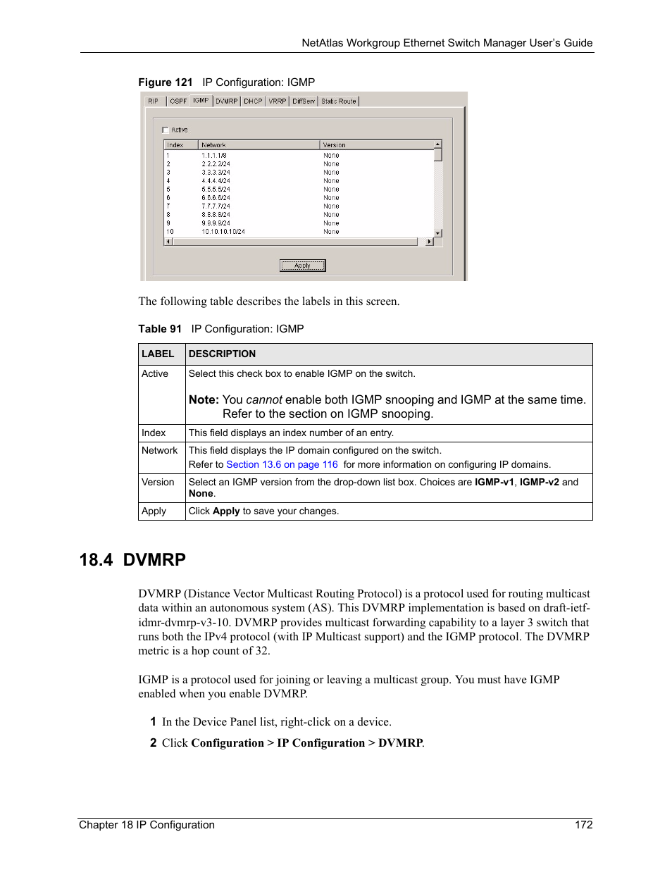 4 dvmrp, Figure 121 ip configuration: igmp, Table 91 ip configuration: igmp | ZyXEL Communications NetAtlas Workgroup User Manual | Page 172 / 199