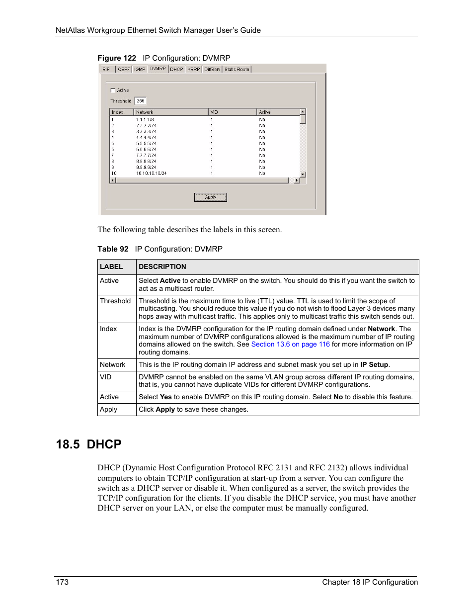 5 dhcp, Figure 122 ip configuration: dvmrp, Table 92 ip configuration: dvmrp | ZyXEL Communications NetAtlas Workgroup User Manual | Page 173 / 199