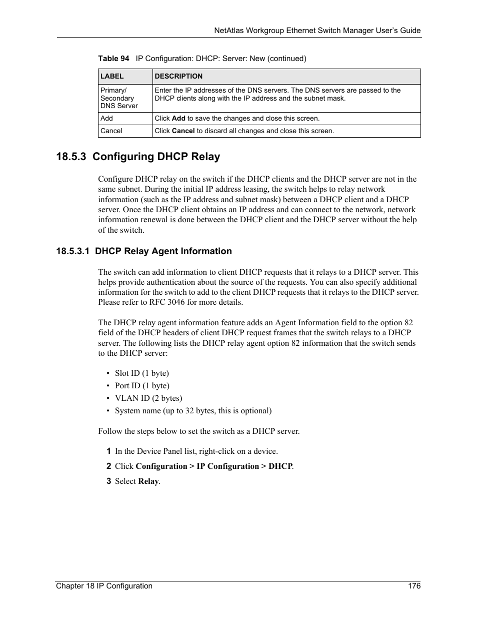 3 configuring dhcp relay, 1 dhcp relay agent information | ZyXEL Communications NetAtlas Workgroup User Manual | Page 176 / 199