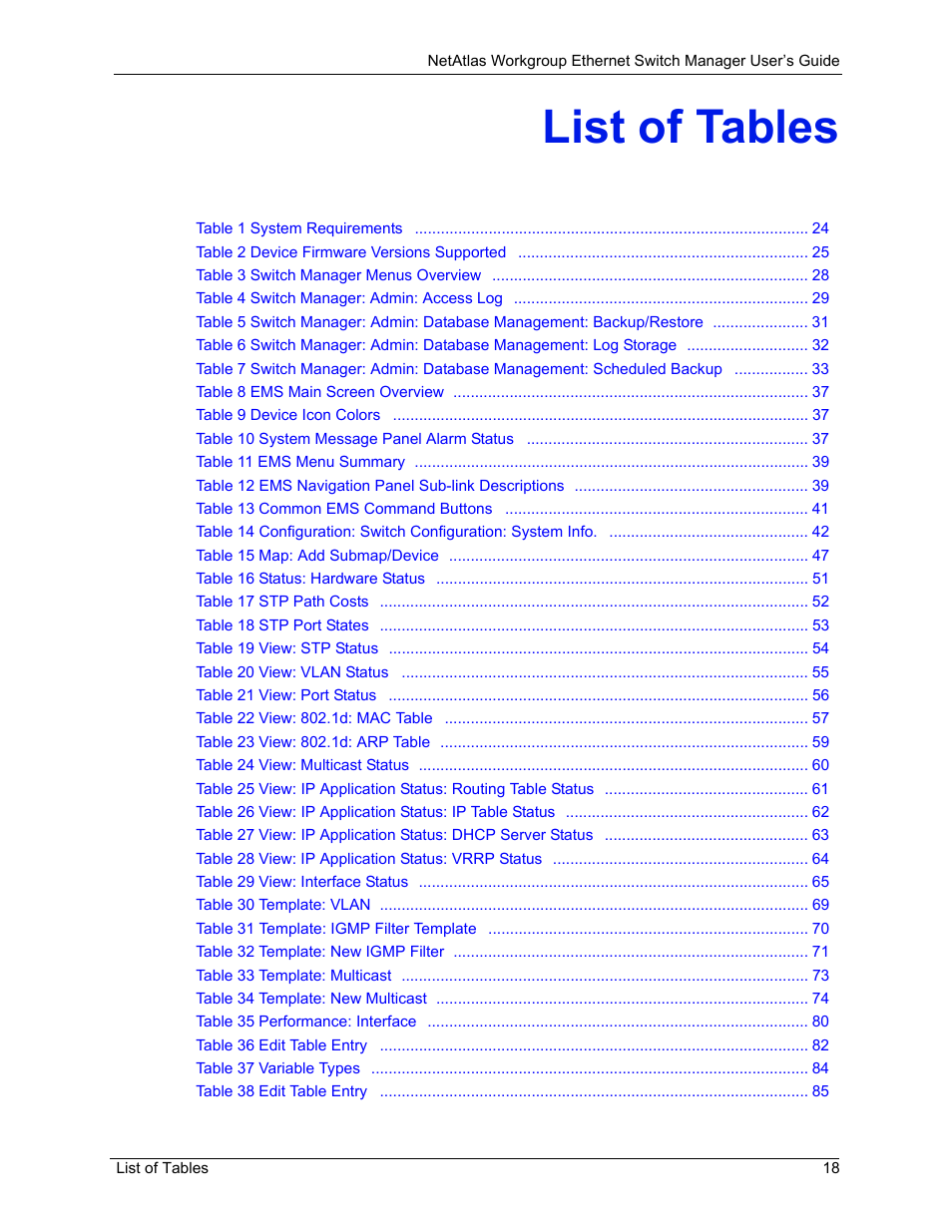 List of tables | ZyXEL Communications NetAtlas Workgroup User Manual | Page 18 / 199