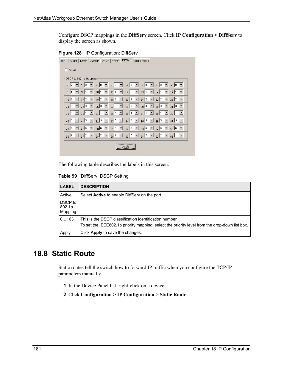 8 static route, Figure 128 ip configuration: diffserv, Table 99 diffserv: dscp setting | ZyXEL Communications NetAtlas Workgroup User Manual | Page 181 / 199