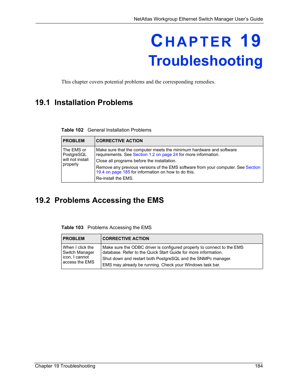 Troubleshooting, 1 installation problems, 2 problems accessing the ems | Chapter 19 troubleshooting | ZyXEL Communications NetAtlas Workgroup User Manual | Page 184 / 199