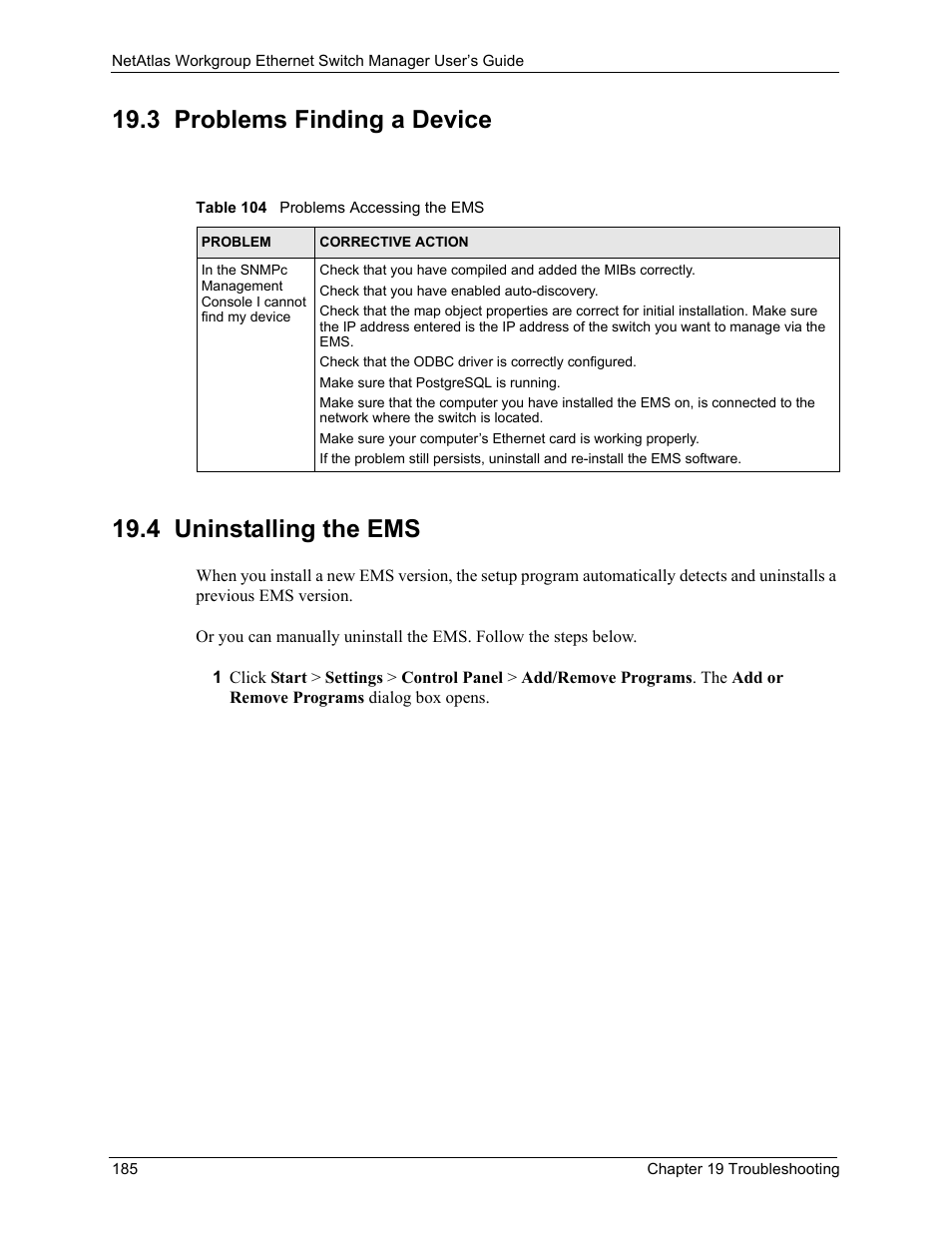 3 problems finding a device, 4 uninstalling the ems, 3 uninstalling the ems | Section | ZyXEL Communications NetAtlas Workgroup User Manual | Page 185 / 199
