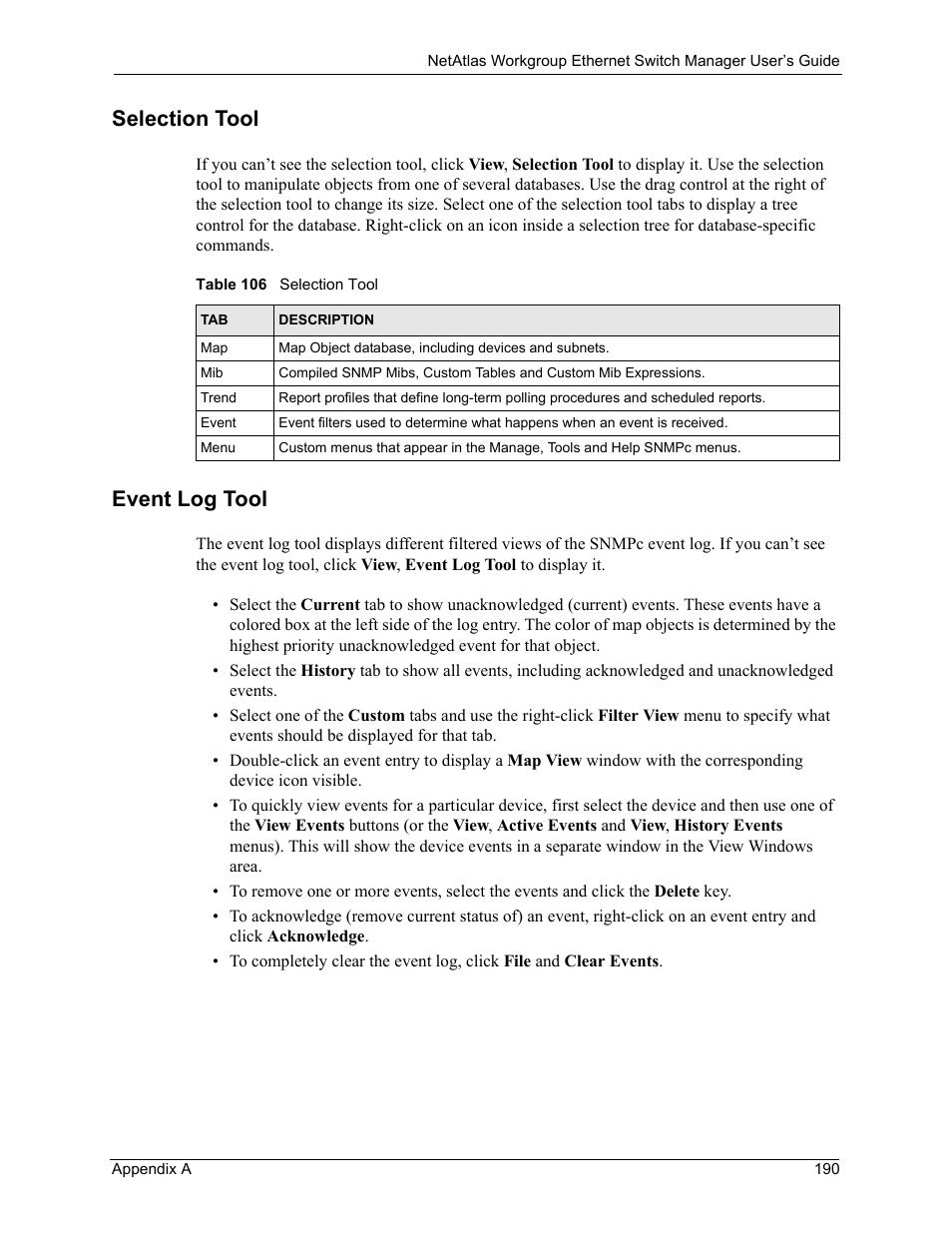 Selection tool, Event log tool, Selection tool event log tool | Table 106 selection tool | ZyXEL Communications NetAtlas Workgroup User Manual | Page 190 / 199