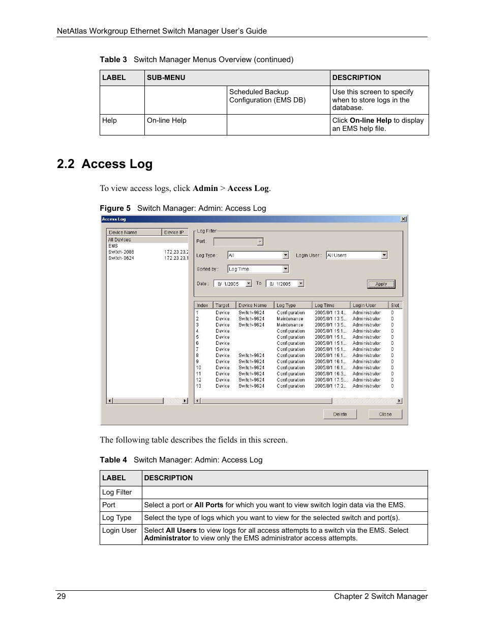 2 access log, Figure 5 switch manager: admin: access log, Table 4 switch manager: admin: access log | ZyXEL Communications NetAtlas Workgroup User Manual | Page 29 / 199