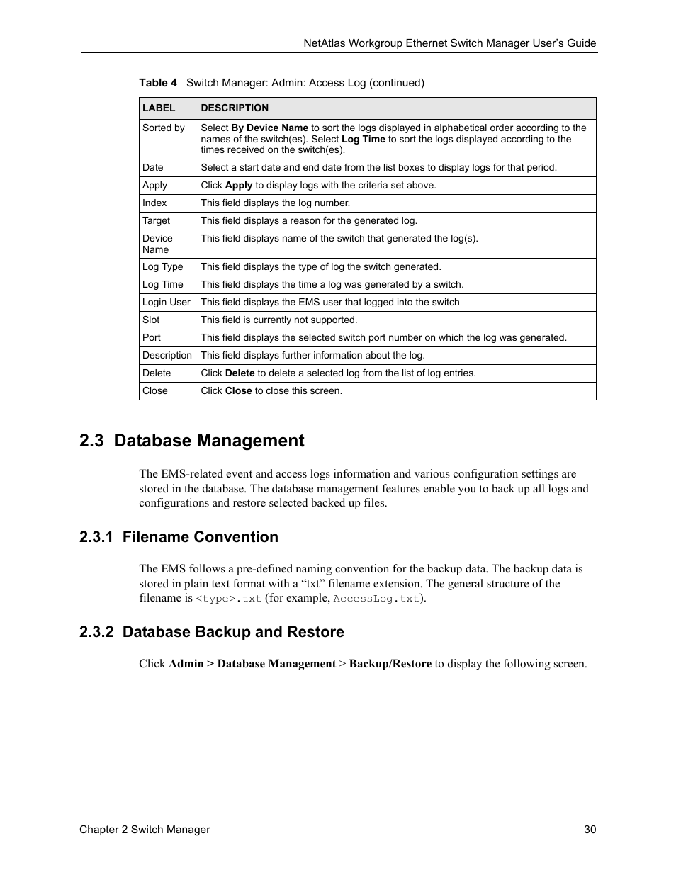 3 database management, 1 filename convention, 2 database backup and restore | ZyXEL Communications NetAtlas Workgroup User Manual | Page 30 / 199