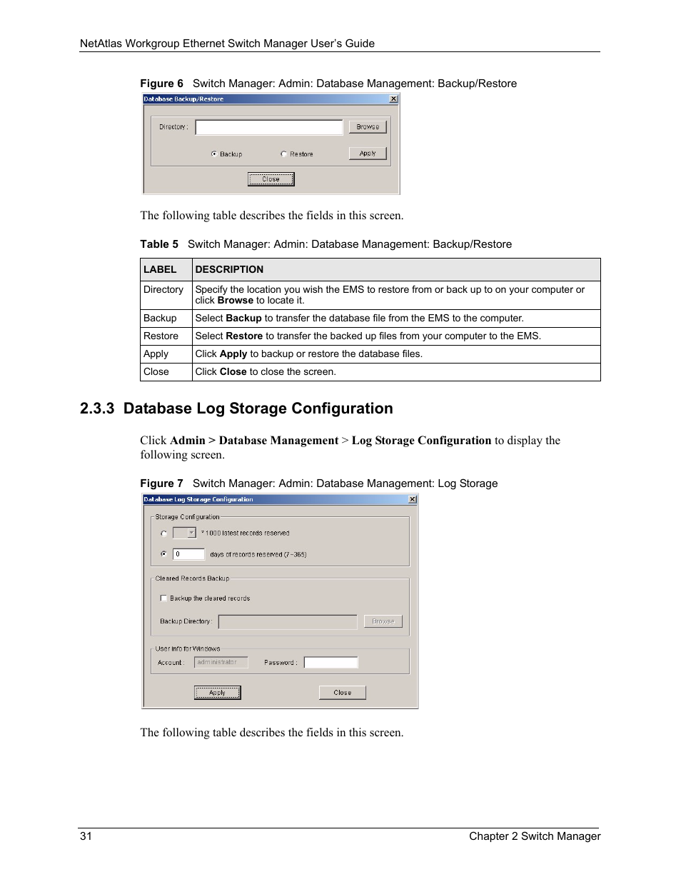 3 database log storage configuration | ZyXEL Communications NetAtlas Workgroup User Manual | Page 31 / 199