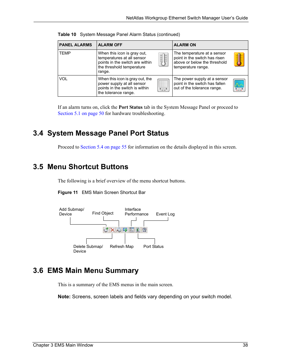 4 system message panel port status, 5 menu shortcut buttons, 6 ems main menu summary | Figure 11 ems main screen shortcut bar | ZyXEL Communications NetAtlas Workgroup User Manual | Page 38 / 199
