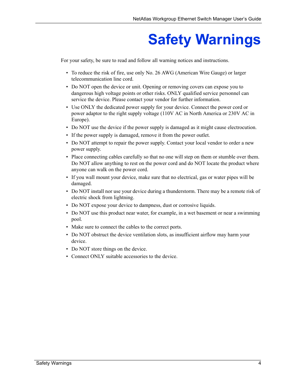 Safety warnings | ZyXEL Communications NetAtlas Workgroup User Manual | Page 4 / 199