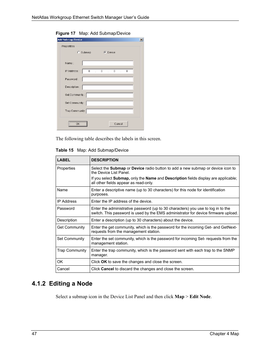 2 editing a node, Figure 17 map: add submap/device, Table 15 map: add submap/device | ZyXEL Communications NetAtlas Workgroup User Manual | Page 47 / 199