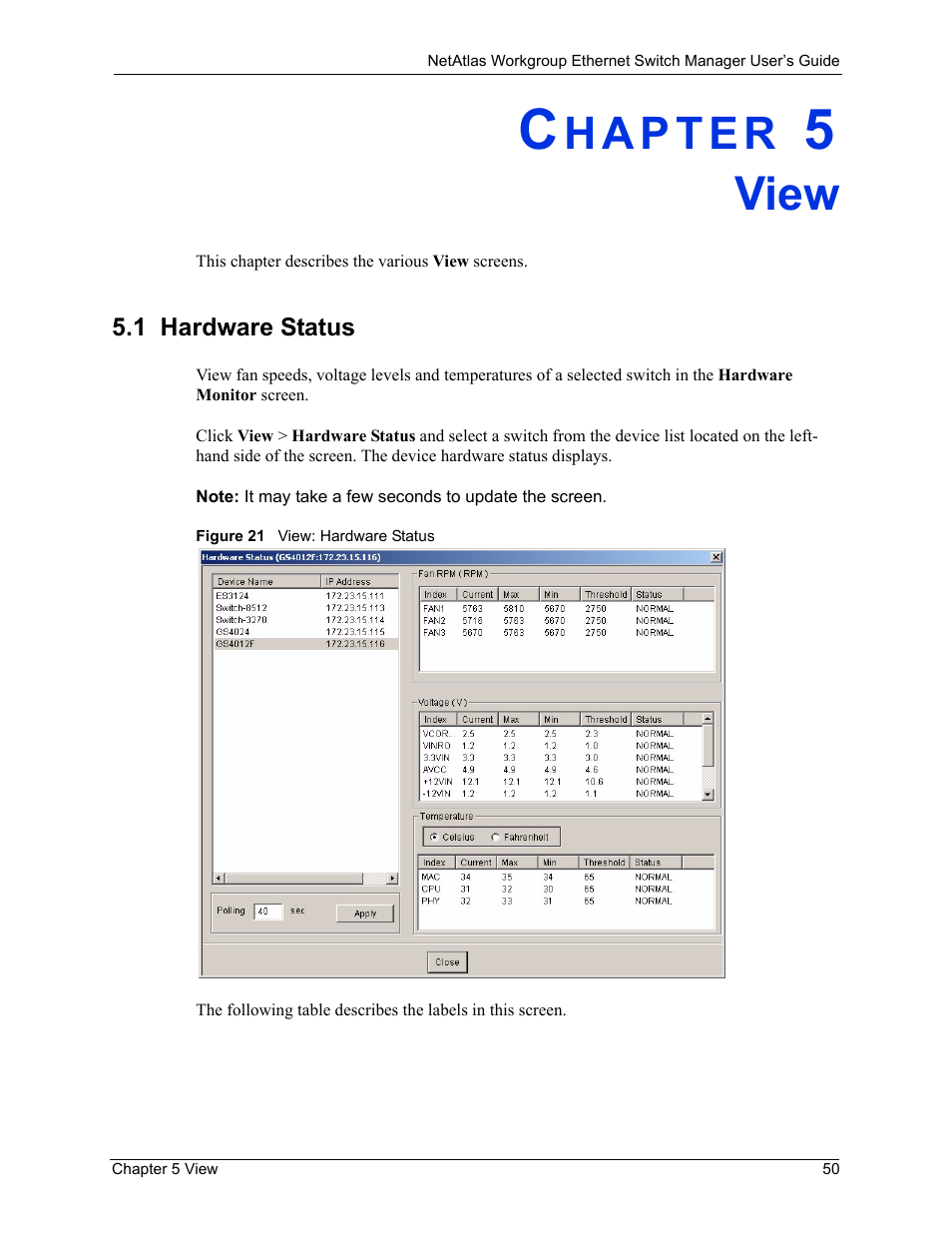 View, 1 hardware status, Chapter 5 view | Figure 21 view: hardware status | ZyXEL Communications NetAtlas Workgroup User Manual | Page 50 / 199