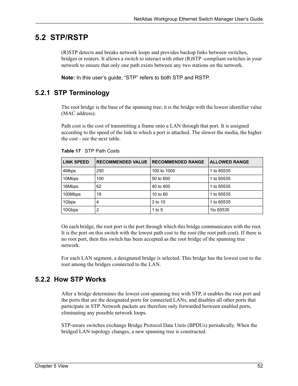 1 stp terminology, 2 how stp works, 1 stp terminology 5.2.2 how stp works | Table 17 stp path costs, 2 stp/rstp | ZyXEL Communications NetAtlas Workgroup User Manual | Page 52 / 199