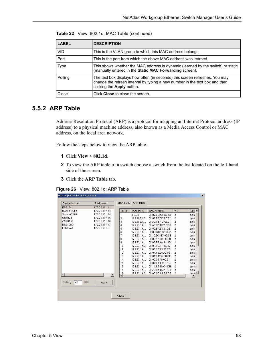 2 arp table, Figure 26 view: 802.1d: arp table | ZyXEL Communications NetAtlas Workgroup User Manual | Page 58 / 199