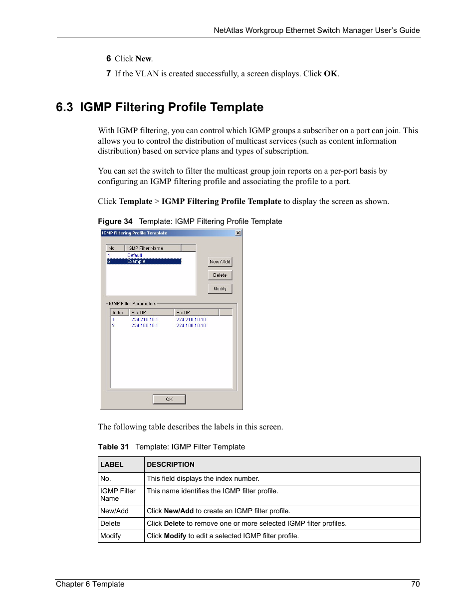 3 igmp filtering profile template, Table 31 template: igmp filter template | ZyXEL Communications NetAtlas Workgroup User Manual | Page 70 / 199