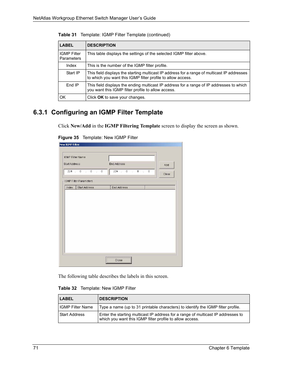 1 configuring an igmp filter template, Figure 35 template: new igmp filter, Table 32 template: new igmp filter | ZyXEL Communications NetAtlas Workgroup User Manual | Page 71 / 199