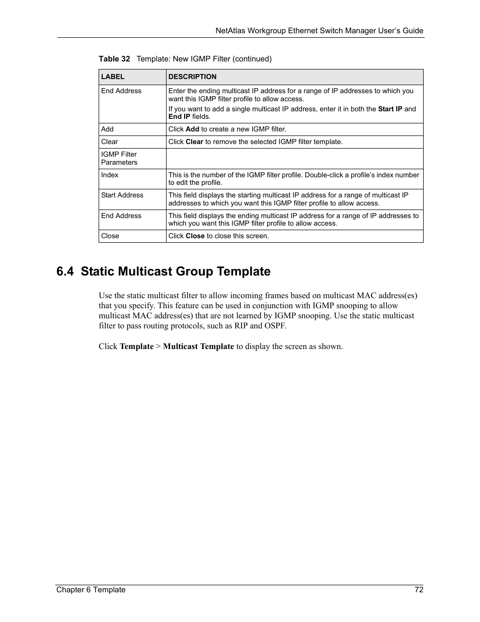 4 static multicast group template | ZyXEL Communications NetAtlas Workgroup User Manual | Page 72 / 199