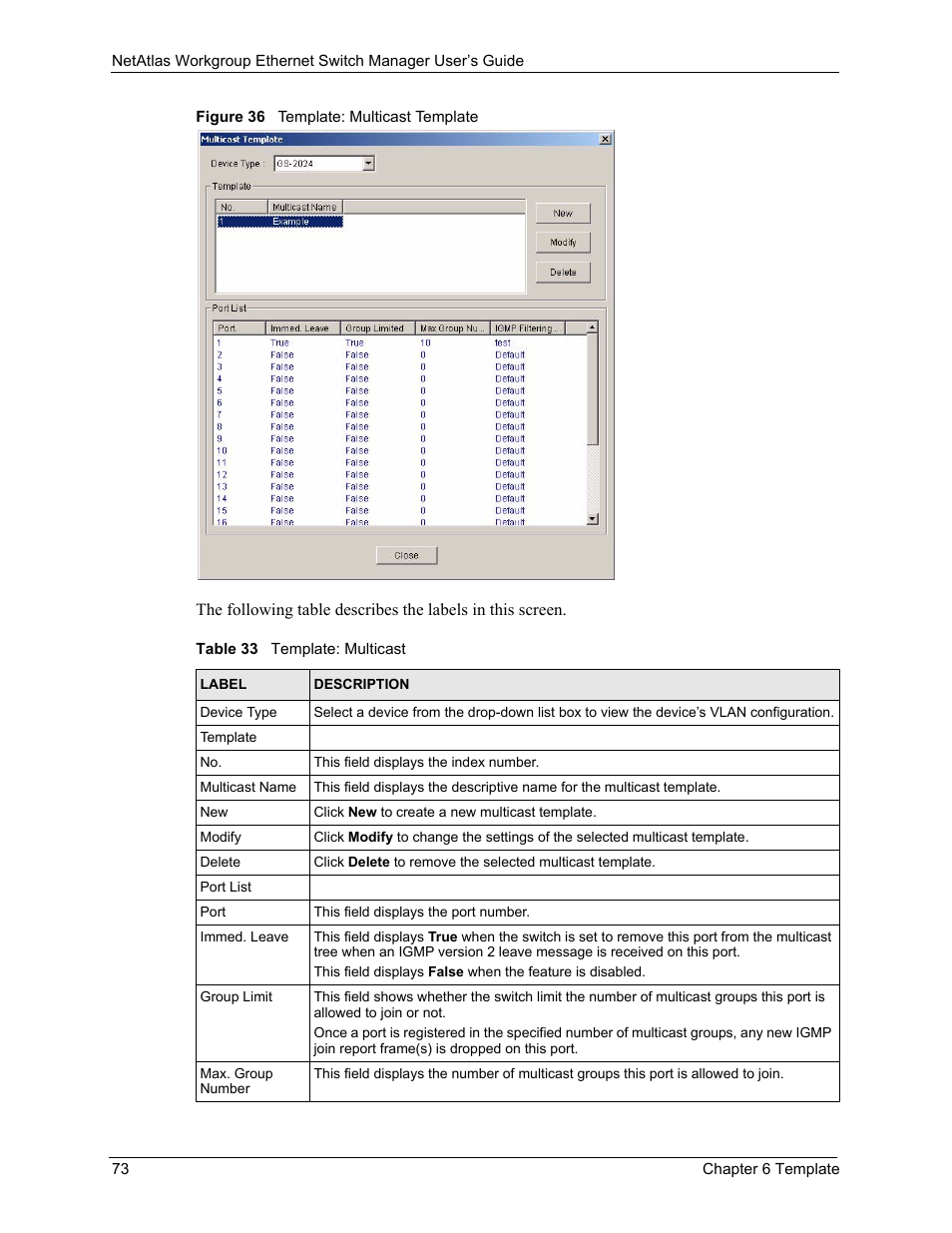 Figure 36 template: multicast template, Table 33 template: multicast | ZyXEL Communications NetAtlas Workgroup User Manual | Page 73 / 199