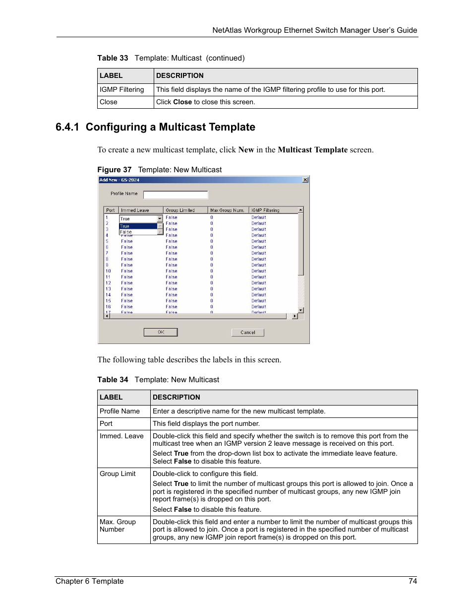 1 configuring a multicast template, Figure 37 template: new multicast, Table 34 template: new multicast | ZyXEL Communications NetAtlas Workgroup User Manual | Page 74 / 199