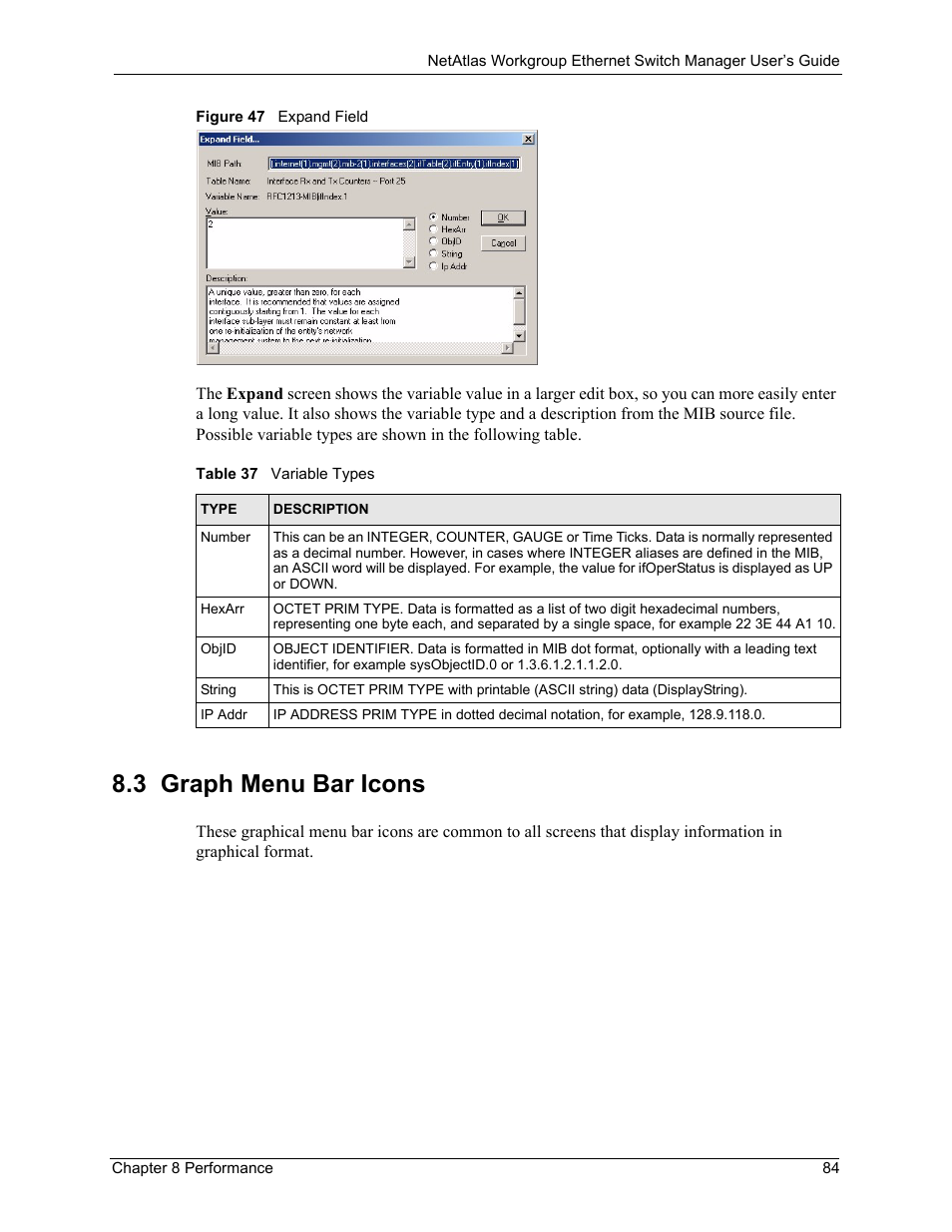 3 graph menu bar icons, Figure 47 expand field, Table 37 variable types | ZyXEL Communications NetAtlas Workgroup User Manual | Page 84 / 199