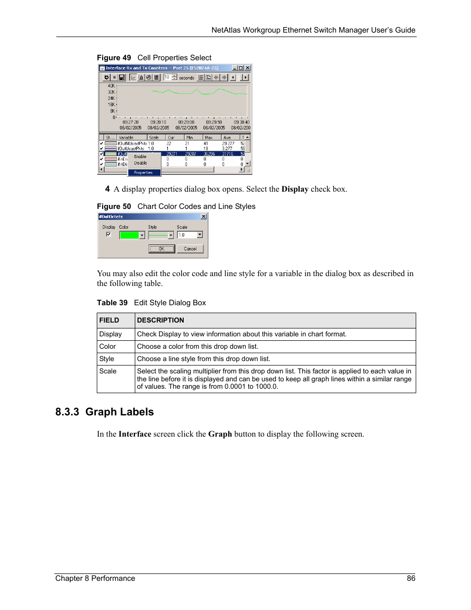 3 graph labels, Table 39 edit style dialog box | ZyXEL Communications NetAtlas Workgroup User Manual | Page 86 / 199