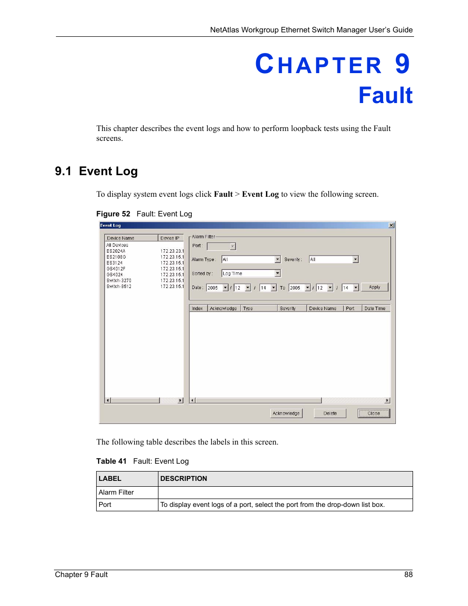 Fault, 1 event log, Chapter 9 fault | Figure 52 fault: event log, Table 41 fault: event log | ZyXEL Communications NetAtlas Workgroup User Manual | Page 88 / 199
