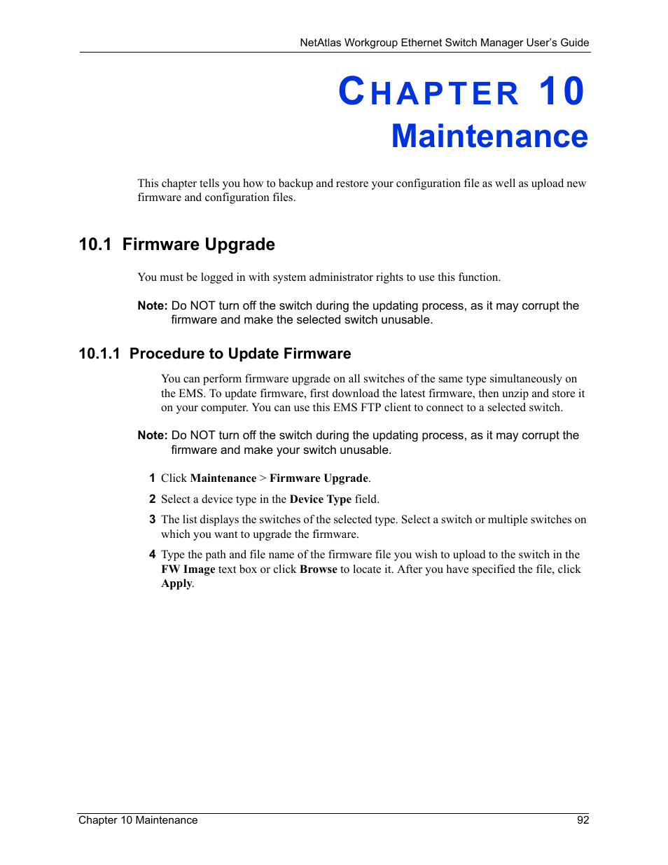 Maintenance, 1 firmware upgrade, 1 procedure to update firmware | Chapter 10 maintenance | ZyXEL Communications NetAtlas Workgroup User Manual | Page 92 / 199