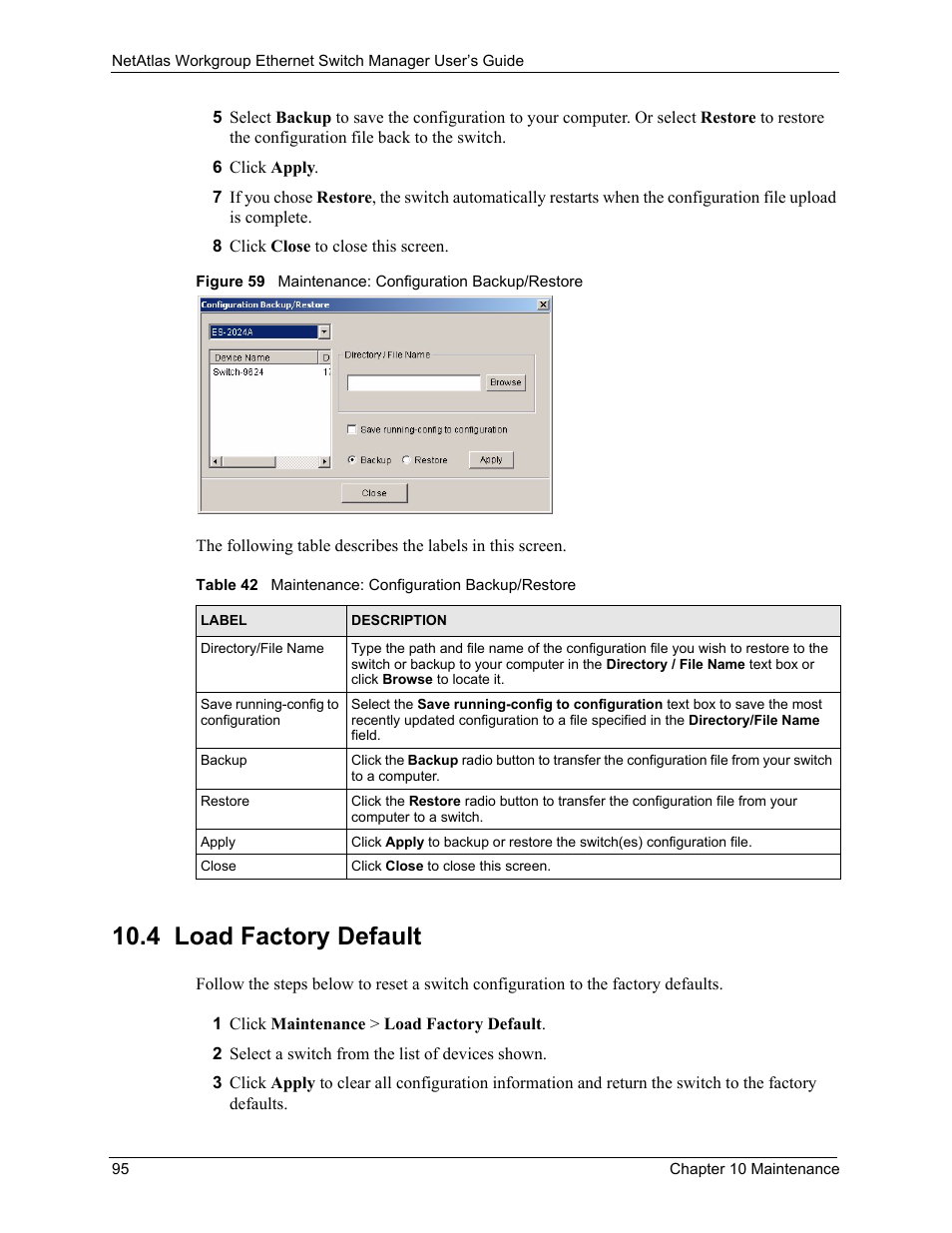 4 load factory default, Table 42 maintenance: configuration backup/restore | ZyXEL Communications NetAtlas Workgroup User Manual | Page 95 / 199