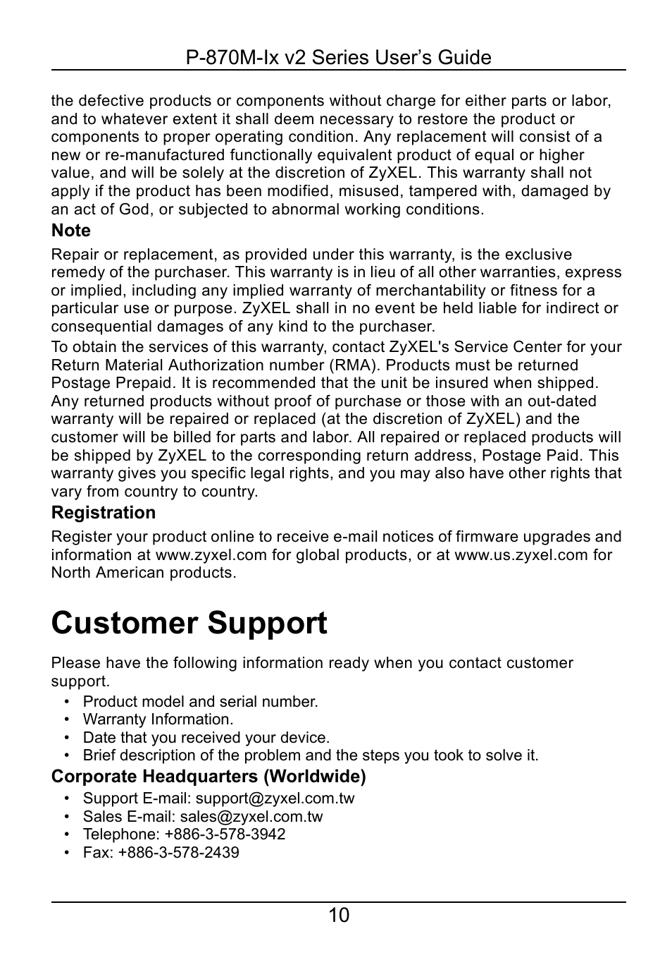 Customer support | ZyXEL Communications P-870M-Ix v2 User Manual | Page 10 / 15