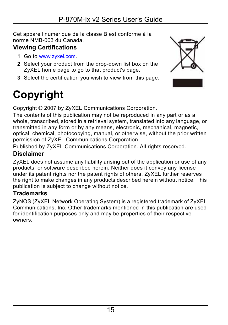 Copyright | ZyXEL Communications P-870M-Ix v2 User Manual | Page 15 / 15