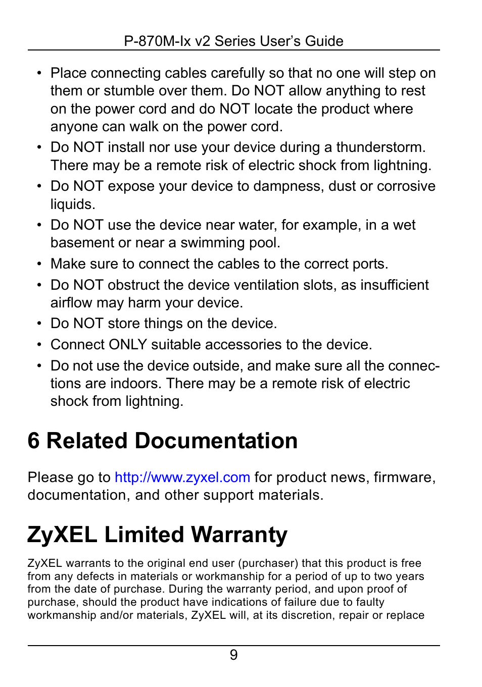 6 related documentation, Zyxel limited warranty | ZyXEL Communications P-870M-Ix v2 User Manual | Page 9 / 15