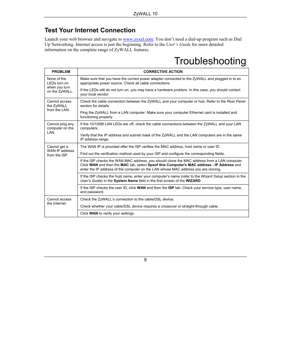 Troubleshooting, Test your internet connection | ZyXEL Communications PPC 10 User Manual | Page 10 / 10