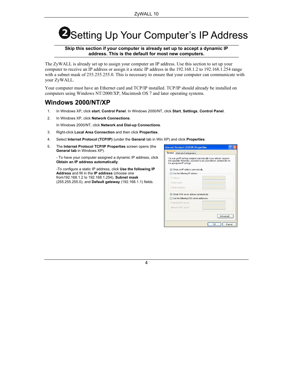Setting up your computer’s ip address, Windows 2000/nt/xp | ZyXEL Communications PPC 10 User Manual | Page 5 / 10