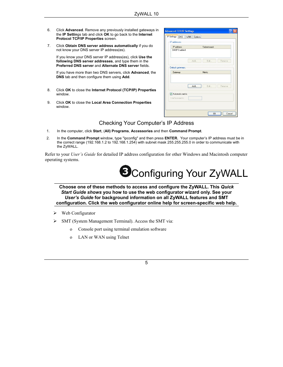 Configuring your zywall, Checking your computer’s ip address | ZyXEL Communications PPC 10 User Manual | Page 6 / 10