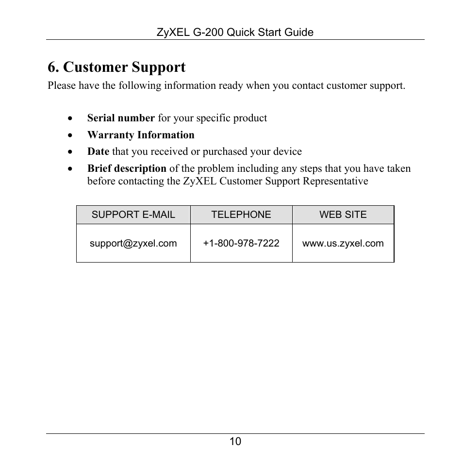 Customer support | ZyXEL Communications 802.11g Wireless USB Adapter ZyXEL G-200 User Manual | Page 11 / 11