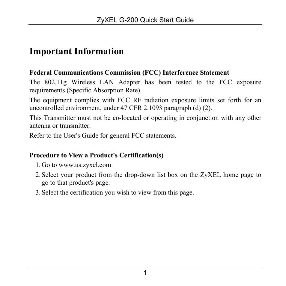 Important information | ZyXEL Communications 802.11g Wireless USB Adapter ZyXEL G-200 User Manual | Page 2 / 11